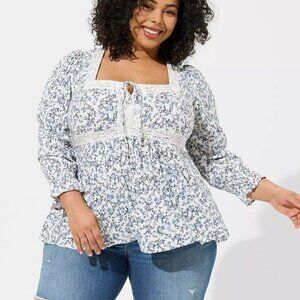 Torrid Babydoll boho blouse blue white floral lace top shirt flowy 0X Large